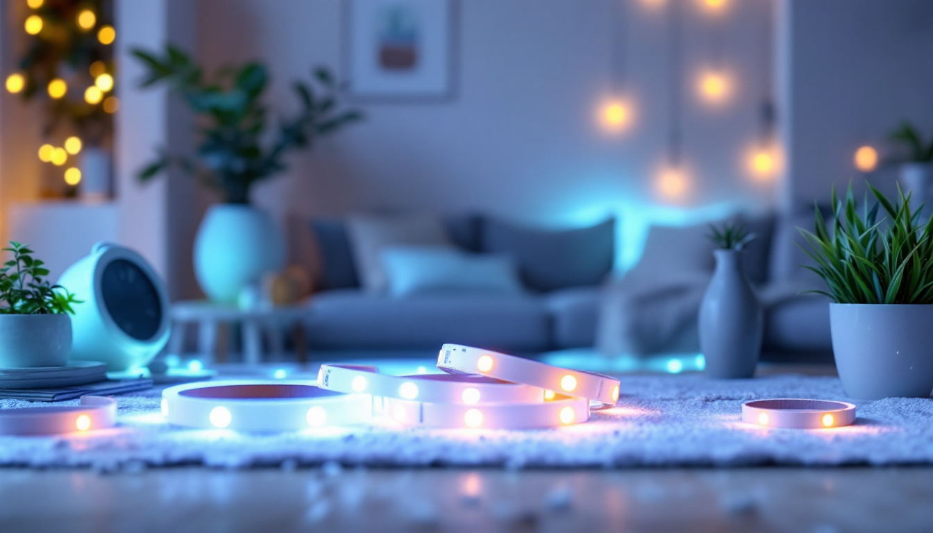 A photograph of a beautifully arranged scene featuring various styles and colors of plug-in led strip lights in a cozy home setting