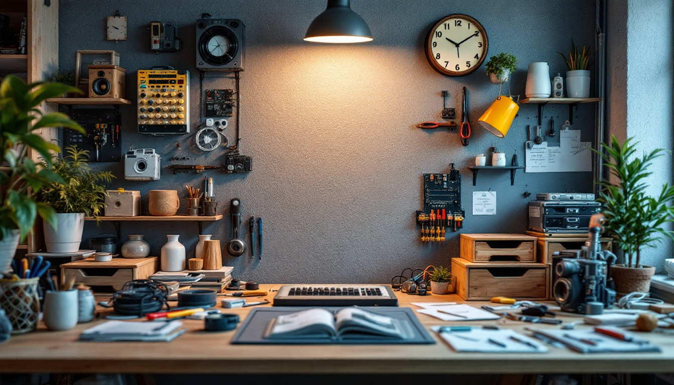 A photograph of a beautifully organized workspace featuring various electrical materials