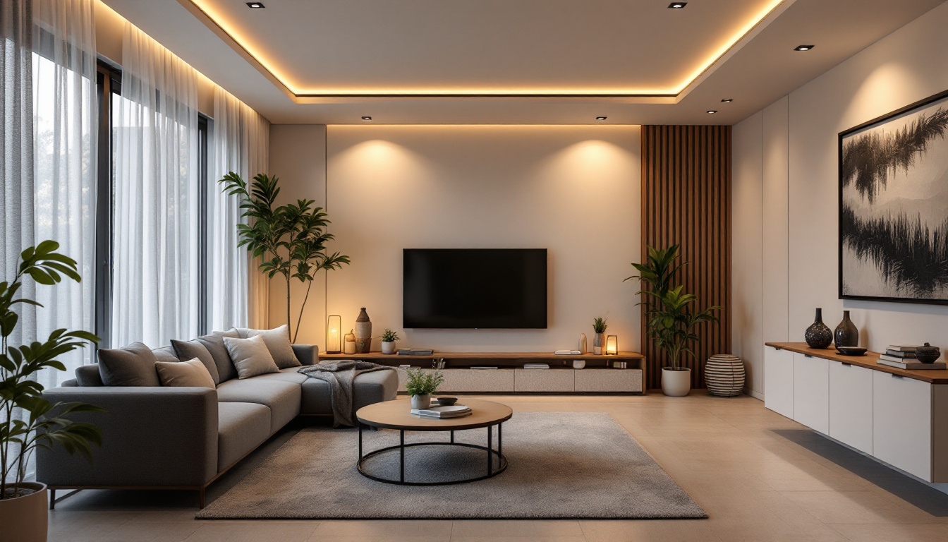 A photograph of a beautifully designed living space showcasing various styles of recessed led lighting in action