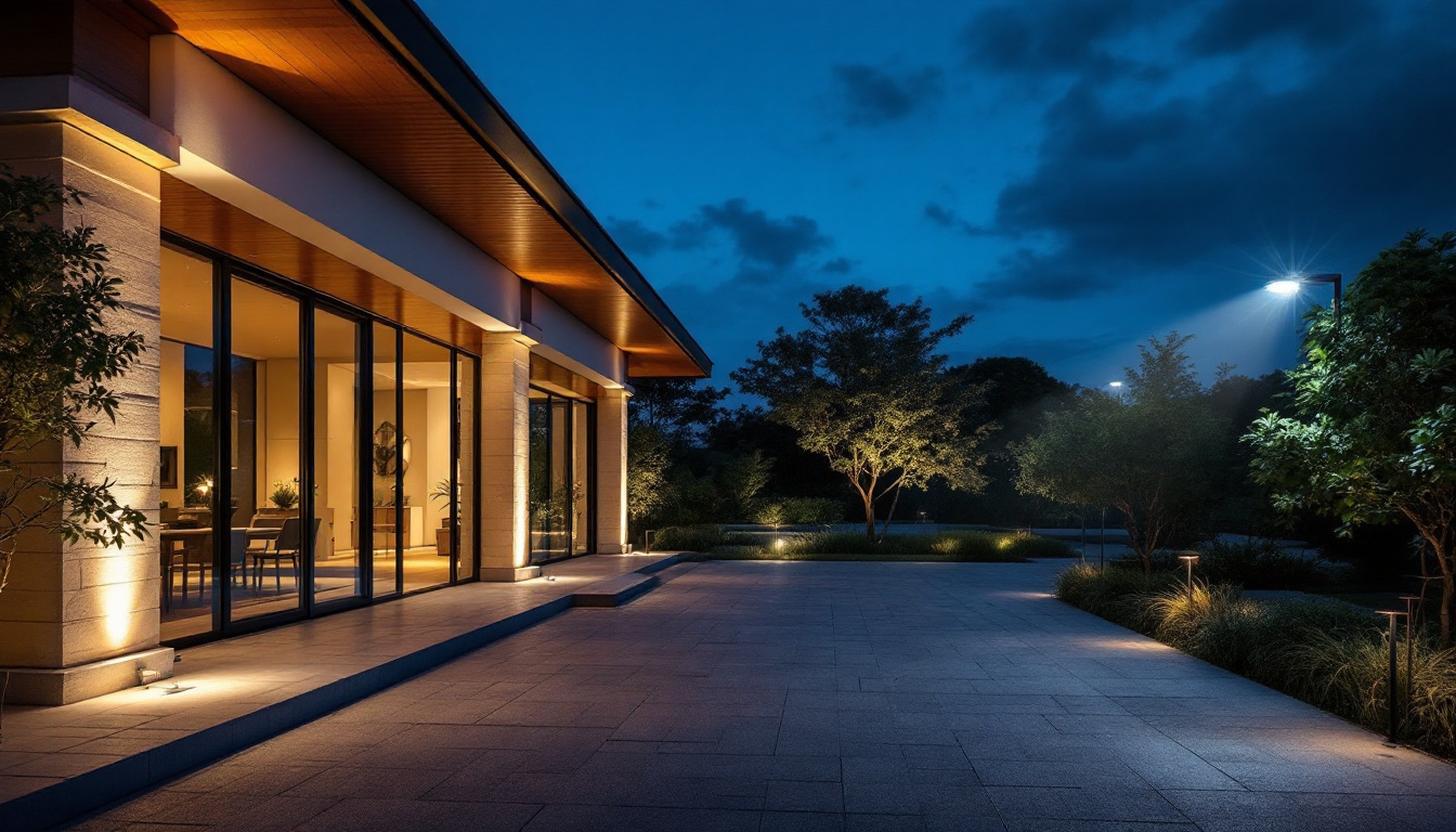 A photograph of a beautifully illuminated outdoor space at dusk