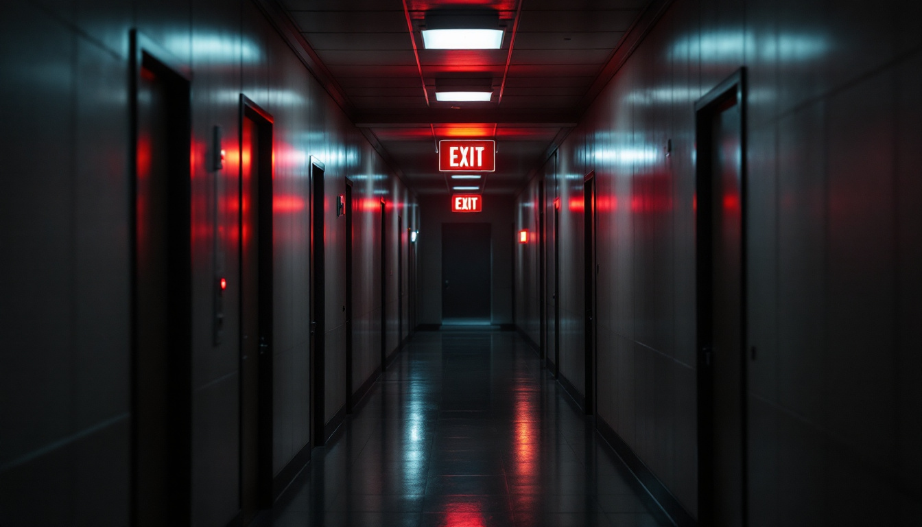 A photograph of capture a photograph of a dimly lit corridor featuring illuminated exit signs and emergency lights