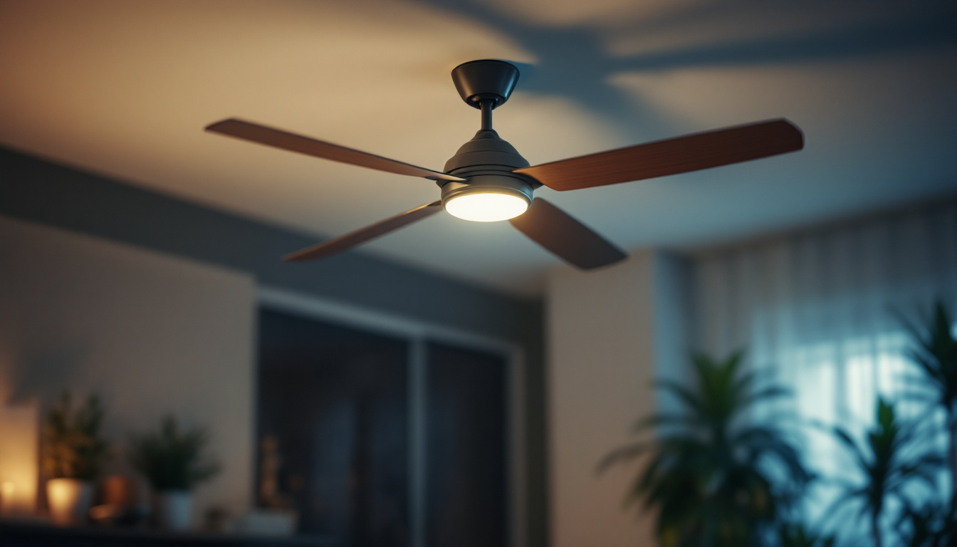 A photograph of a stylish ceiling fan in a well-lit room