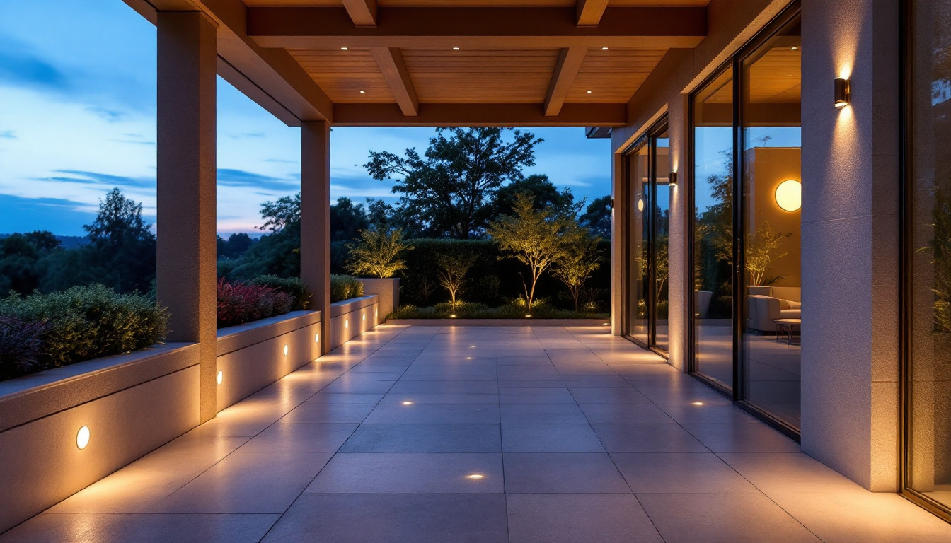 A photograph of a beautifully designed outdoor space featuring modern recessed lighting fixtures that highlight architectural elements and create an inviting ambiance