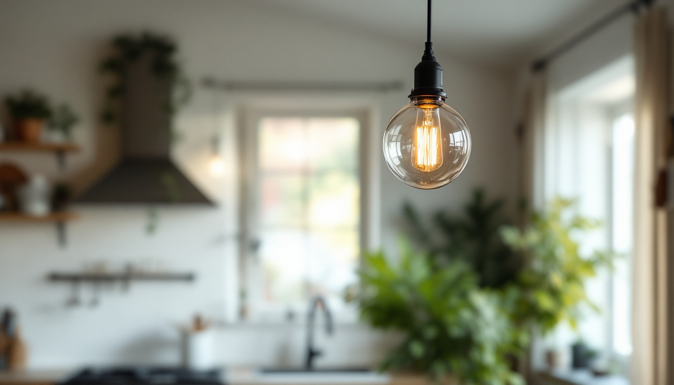 A photograph of a beautifully designed hanging kitchen light fixture in a well-lit kitchen setting