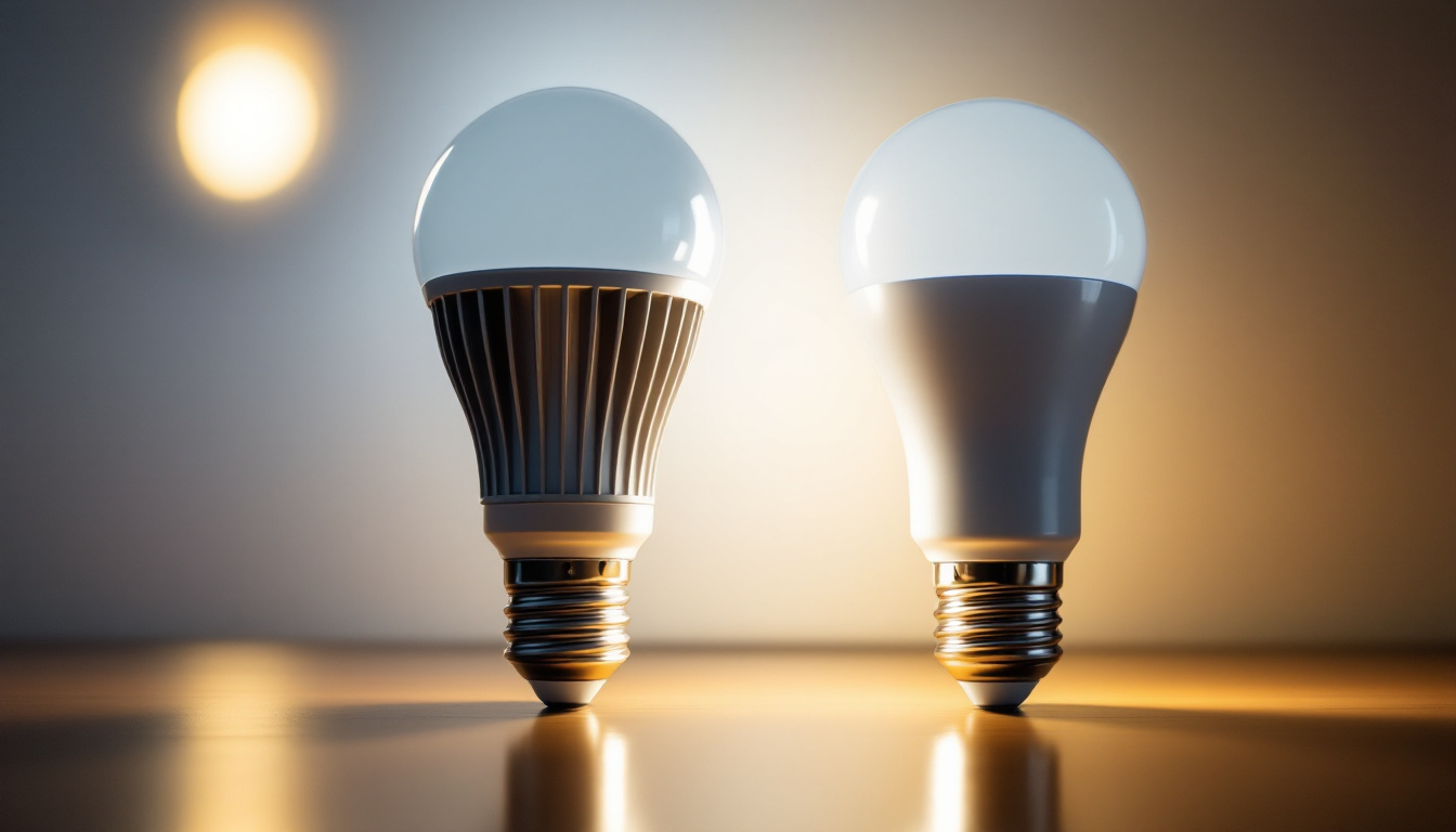 A photograph of a side-by-side comparison of led and fluorescent bulbs illuminated in a well-lit setting