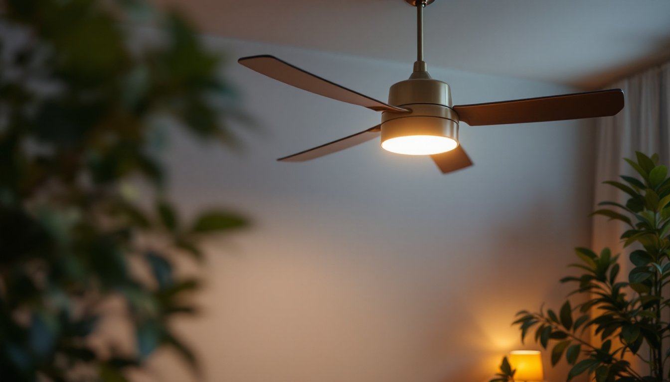 A photograph of a stylish fan light fixture in a beautifully designed room
