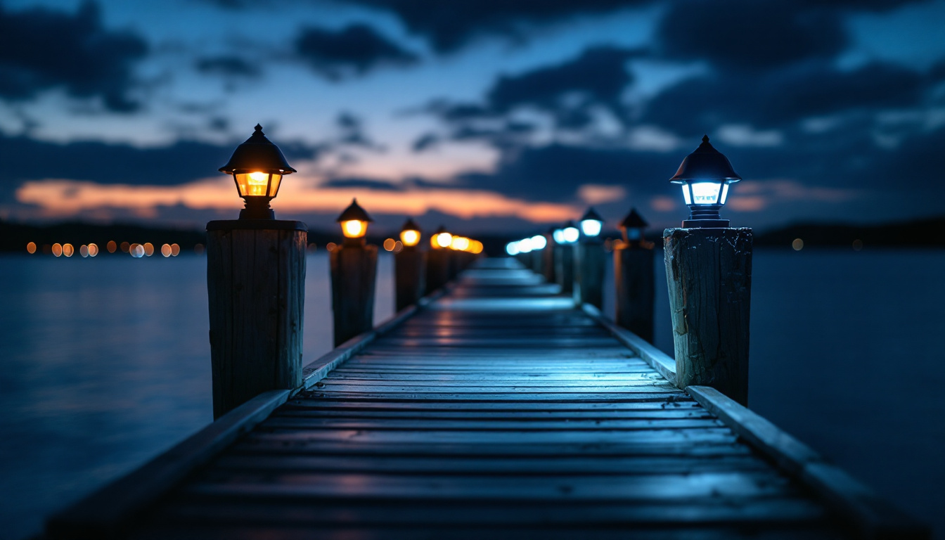 A photograph of a well-lit dock at dusk