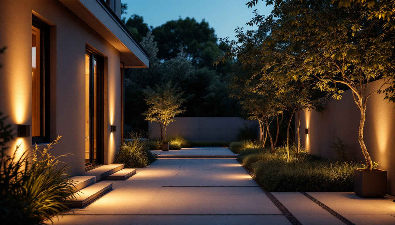 A photograph of a well-lit outdoor space showcasing various motion-sensored lights in action