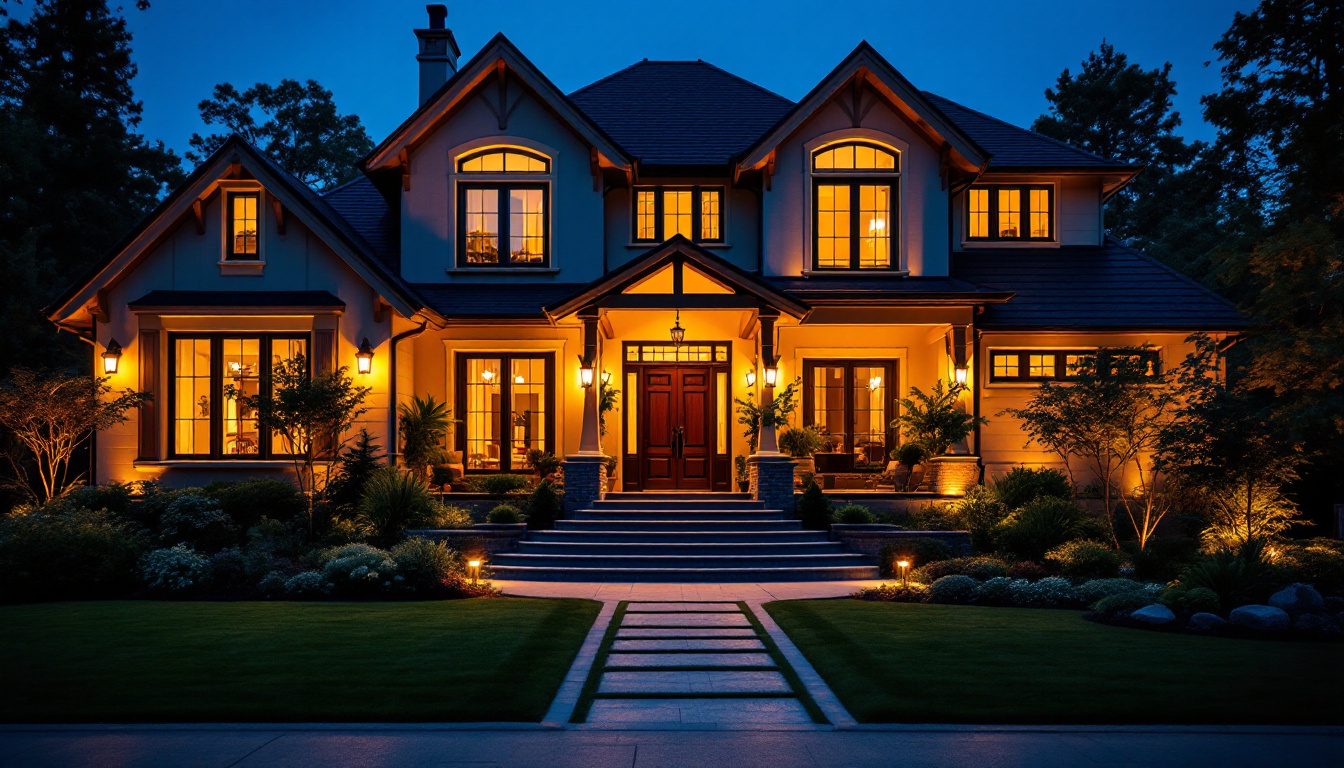 A photograph of a beautifully illuminated house exterior at dusk