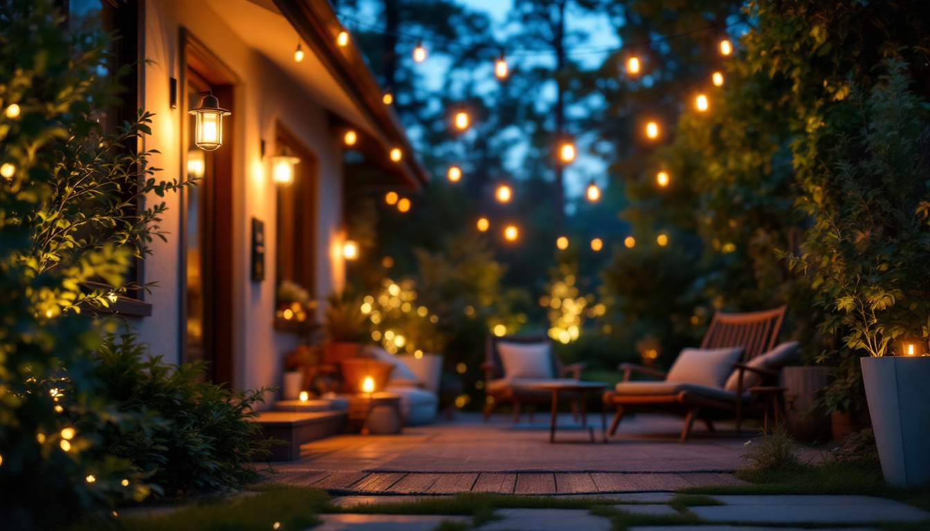 A photograph of a beautifully illuminated outdoor space showcasing a variety of stylish exterior lights in use