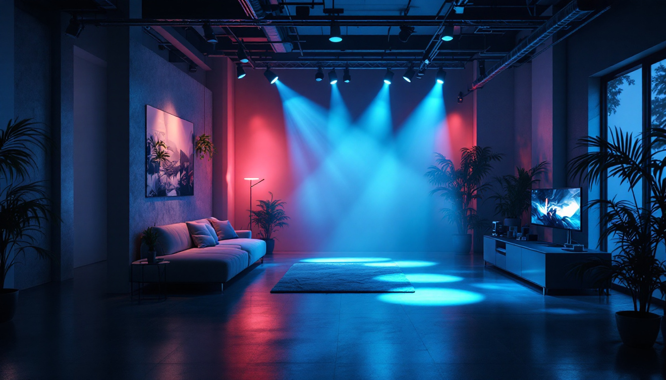 A photograph of a well-lit interior space showcasing the vibrant and dramatic effects of high-intensity discharge headlights