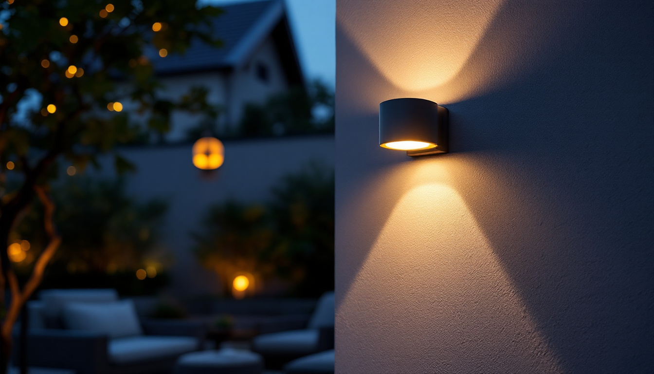A photograph of a stylish outdoor wall light illuminating a modern patio or garden space at dusk