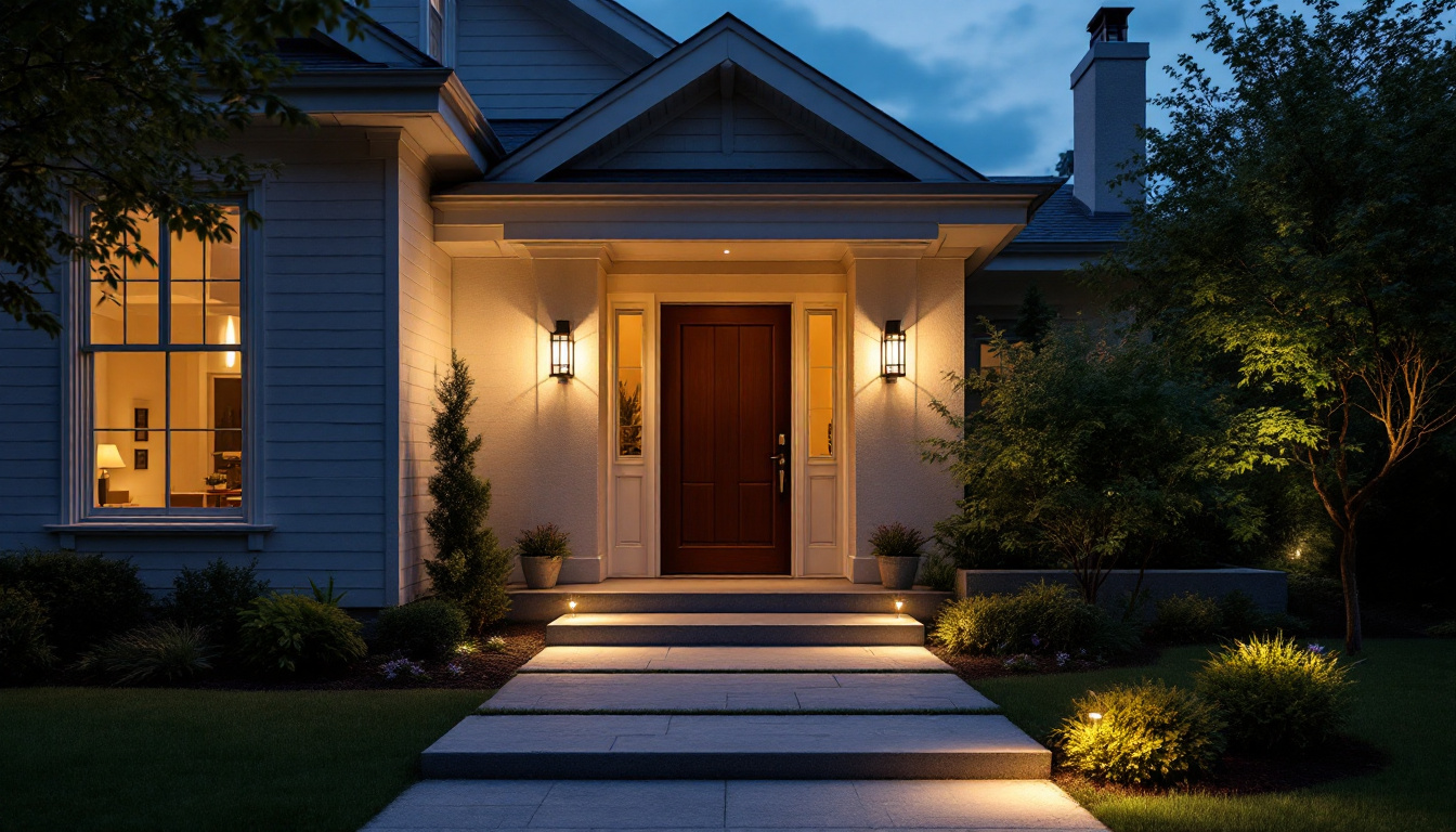 A photograph of a beautifully illuminated exterior entryway at dusk