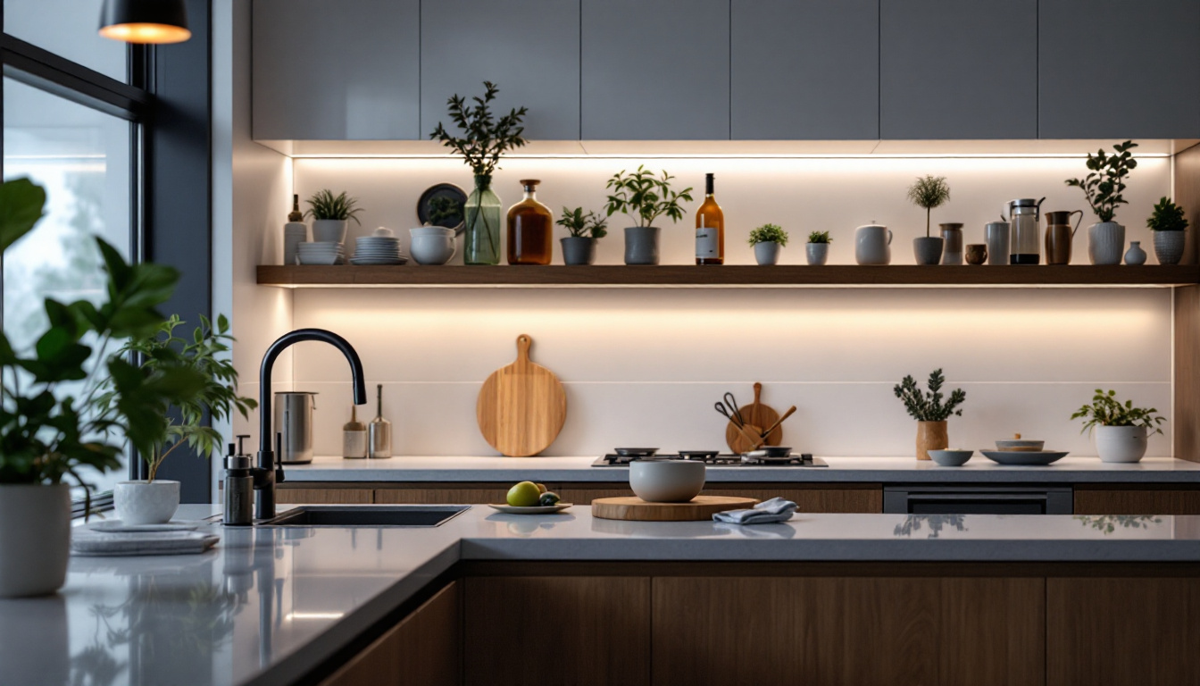 A photograph of a beautifully designed kitchen showcasing under-cabinet led lighting that highlights the countertop workspace
