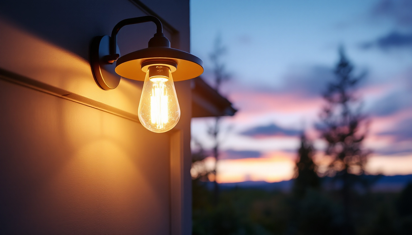 A photograph of a stylish outdoor garage light fixture illuminated at dusk