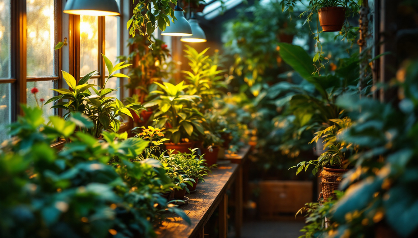 A photograph of a beautifully arranged indoor greenhouse setup featuring a variety of vibrant plants illuminated by warm