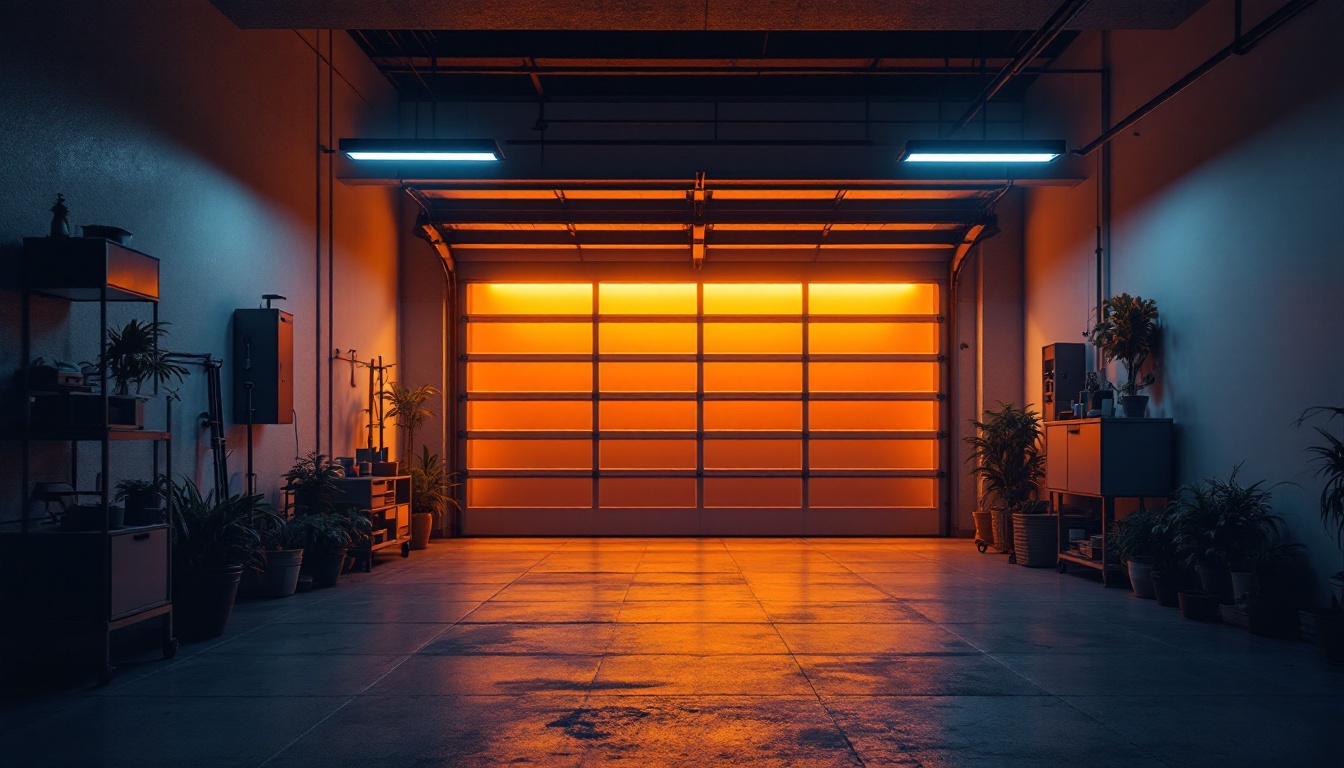 A photograph of a modern garage illuminated by sleek led garage light fixtures