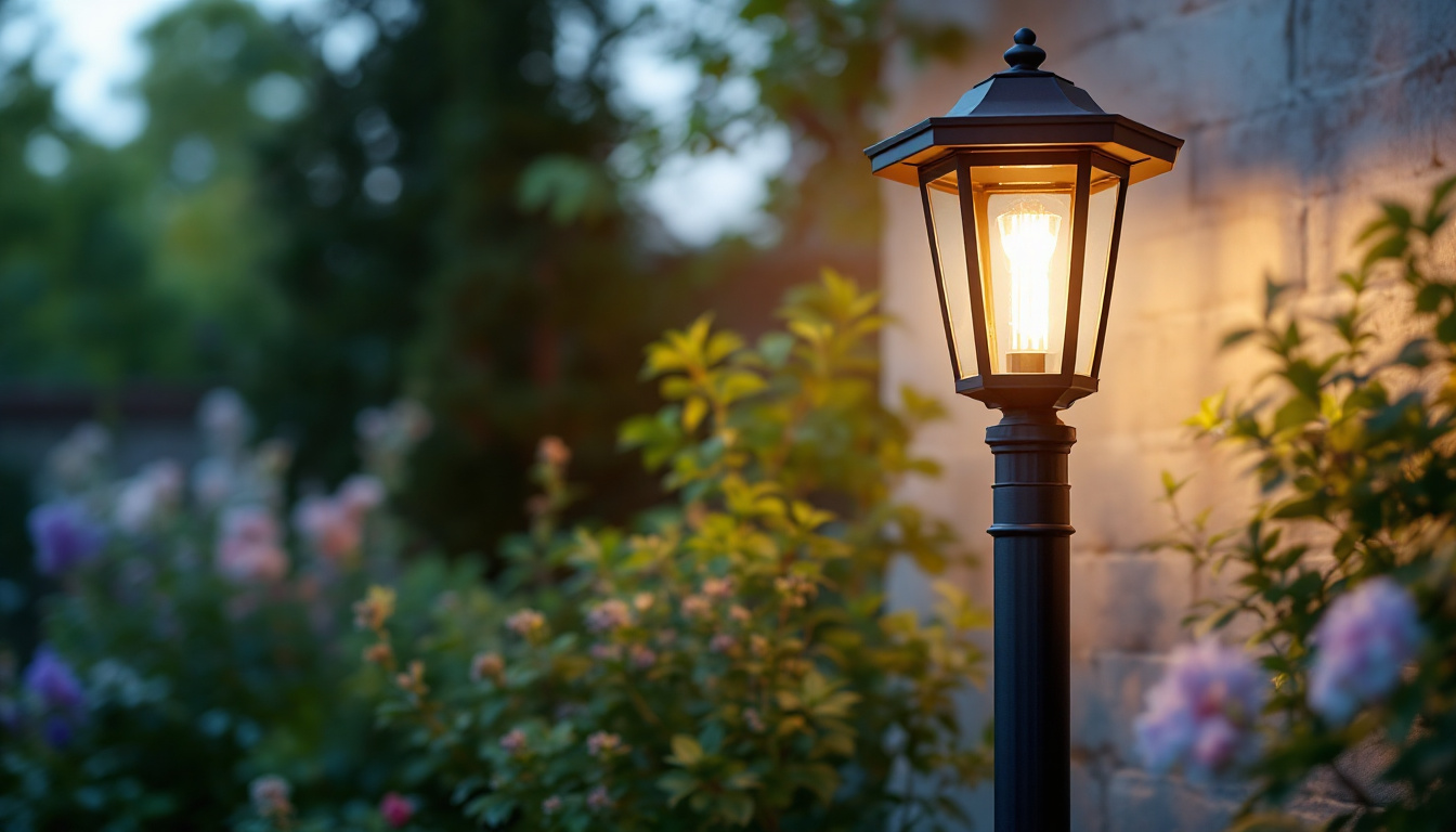 A photograph of a beautifully designed outdoor post light installed in a serene garden setting
