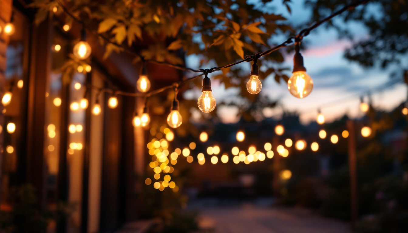 A photograph of a beautifully lit outdoor space adorned with construction string lights