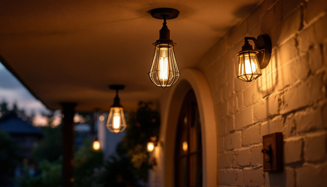 A photograph of a beautifully designed exterior ceiling light installed on a porch or patio