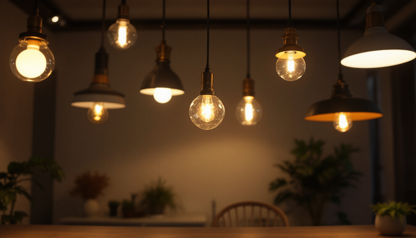A photograph of a stylishly lit room featuring various pendant ceiling lights in different designs and settings