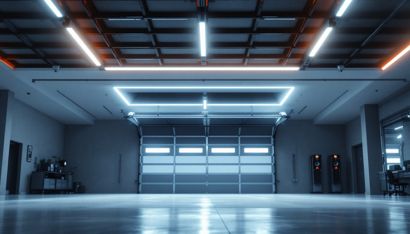 A photograph of a modern garage interior showcasing a well-lit ceiling featuring stylish led lights