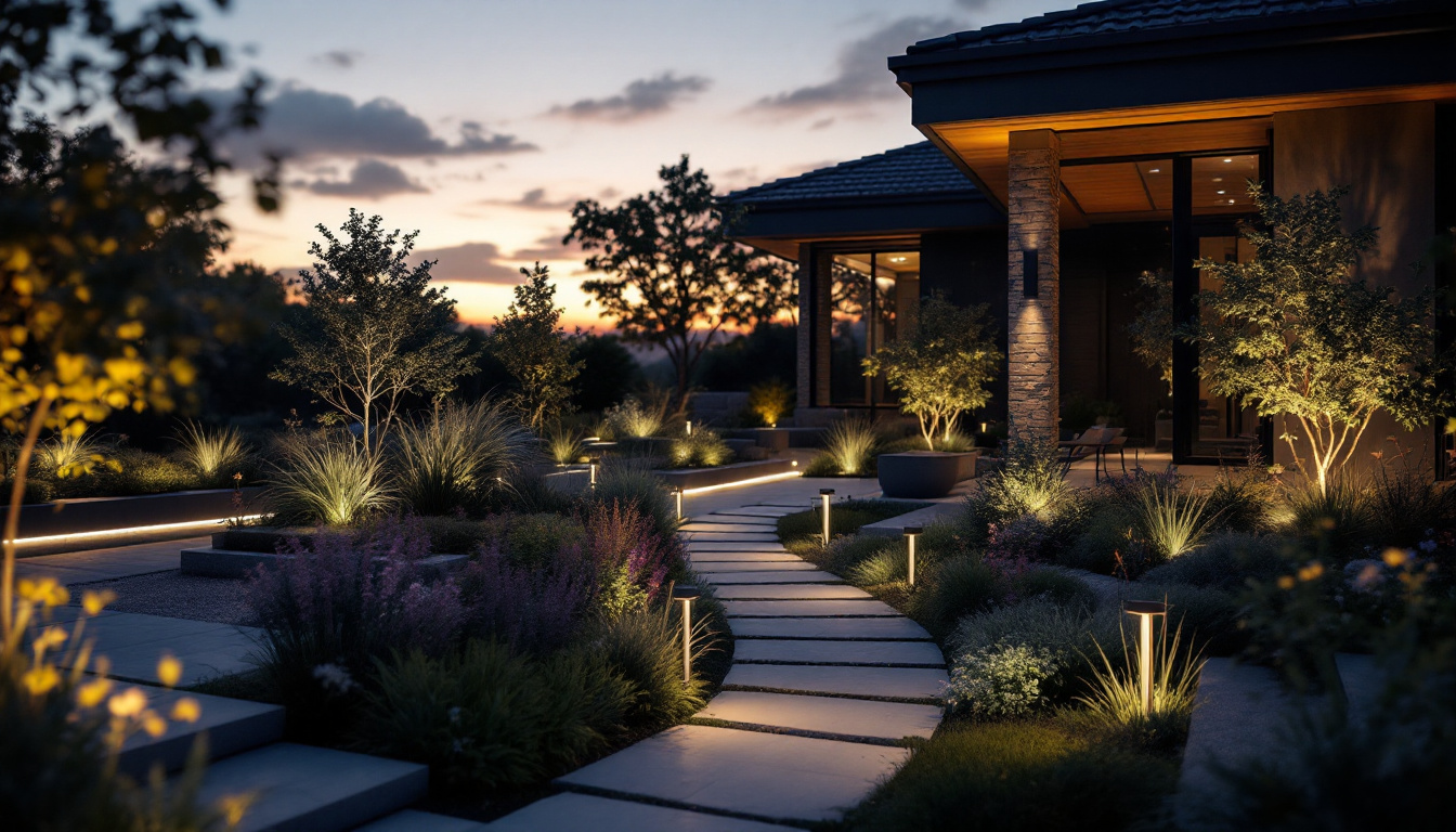 A photograph of a beautifully illuminated outdoor space featuring rab landscape lighting