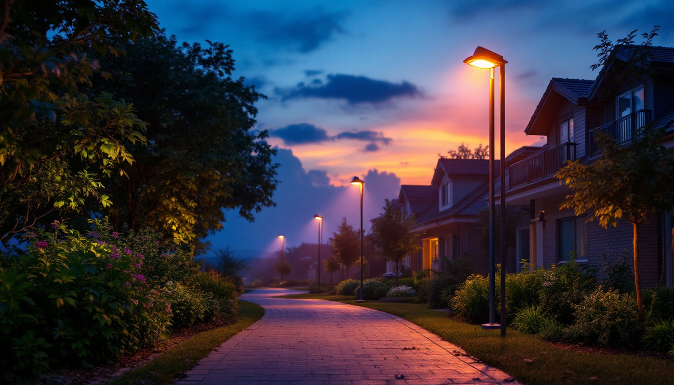 A photograph of a vibrant outdoor scene illuminated by led flood lights at dusk