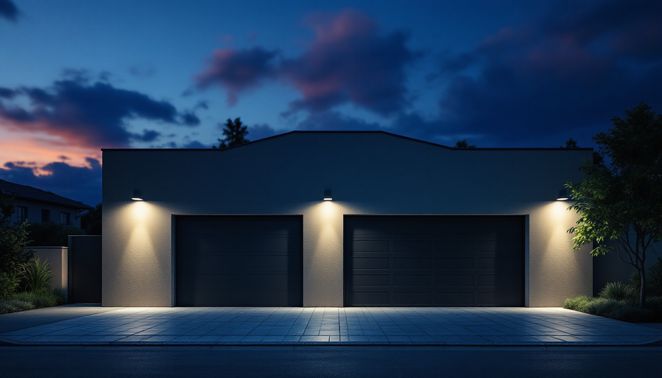 A photograph of a well-lit garage at dusk