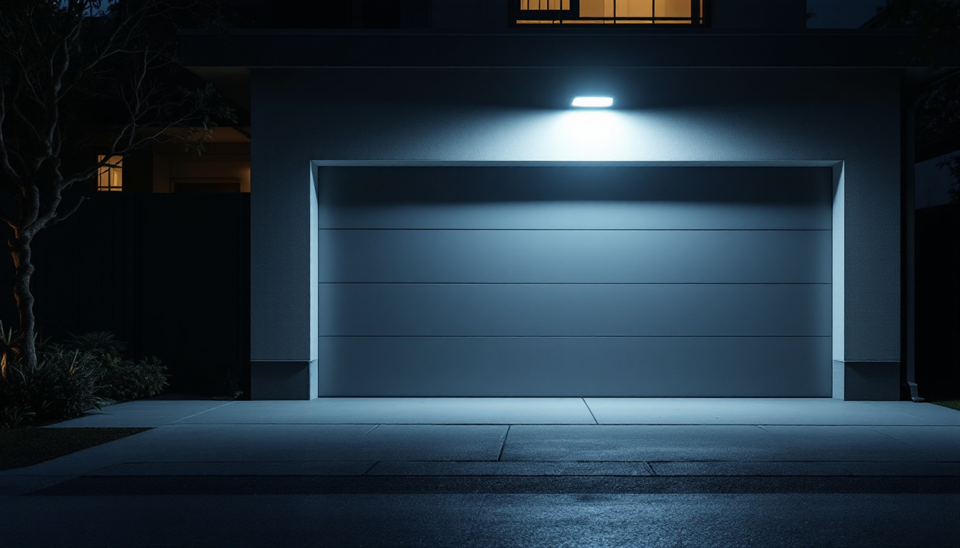 A photograph of a modern garage illuminated by a sleek motion sensor light