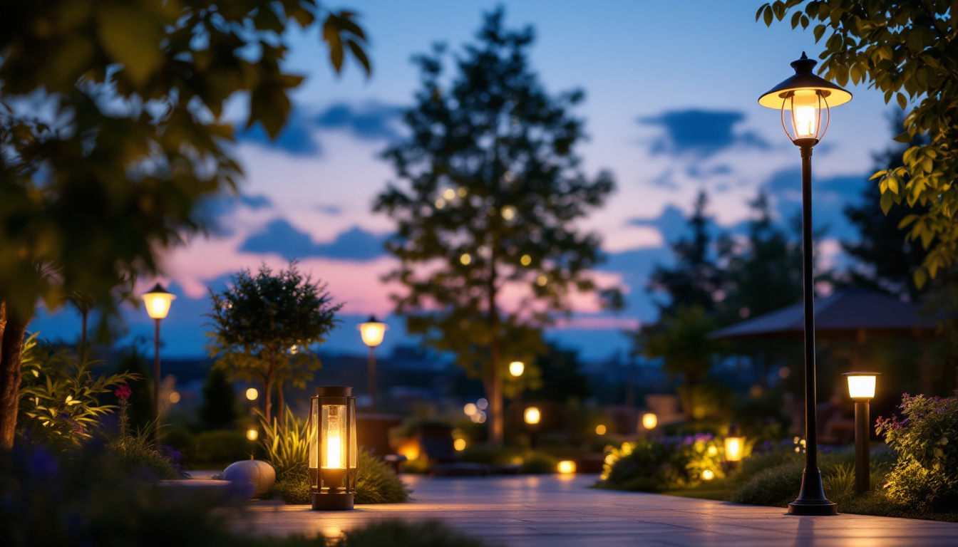 A photograph of a beautifully illuminated outdoor space featuring a variety of stylish and functional outdoor lights in use