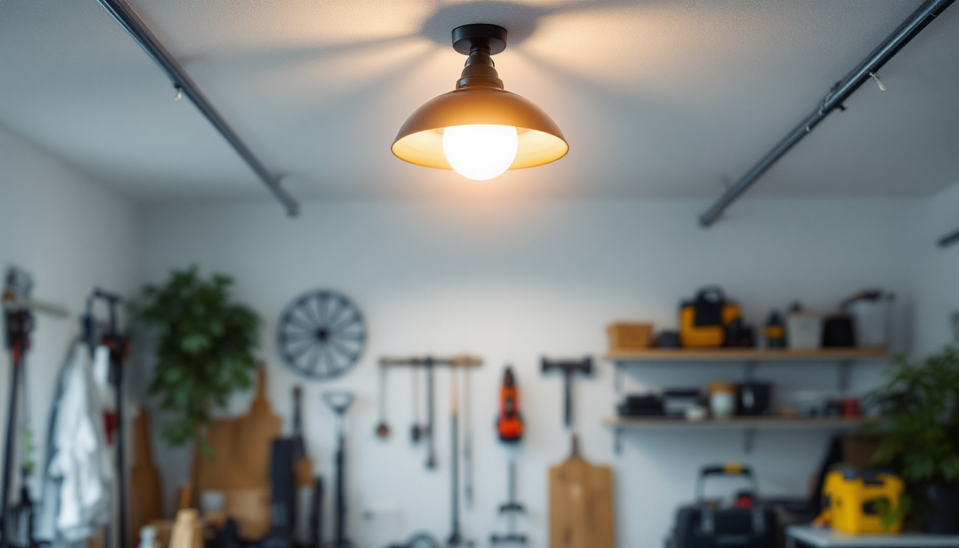A photograph of a well-lit garage featuring a stylish ceiling light fixture that enhances the space's functionality