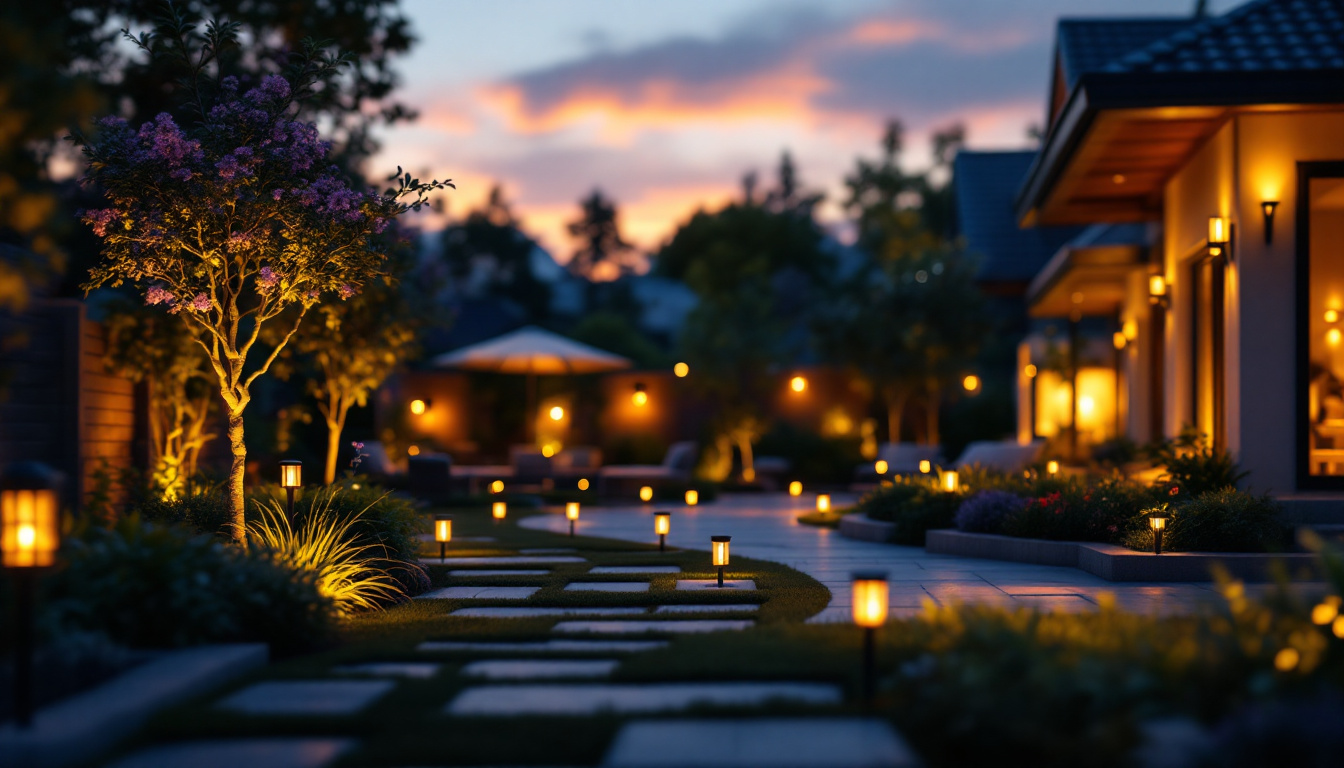 A photograph of a beautifully illuminated outdoor space featuring a variety of high-quality solar lights in use