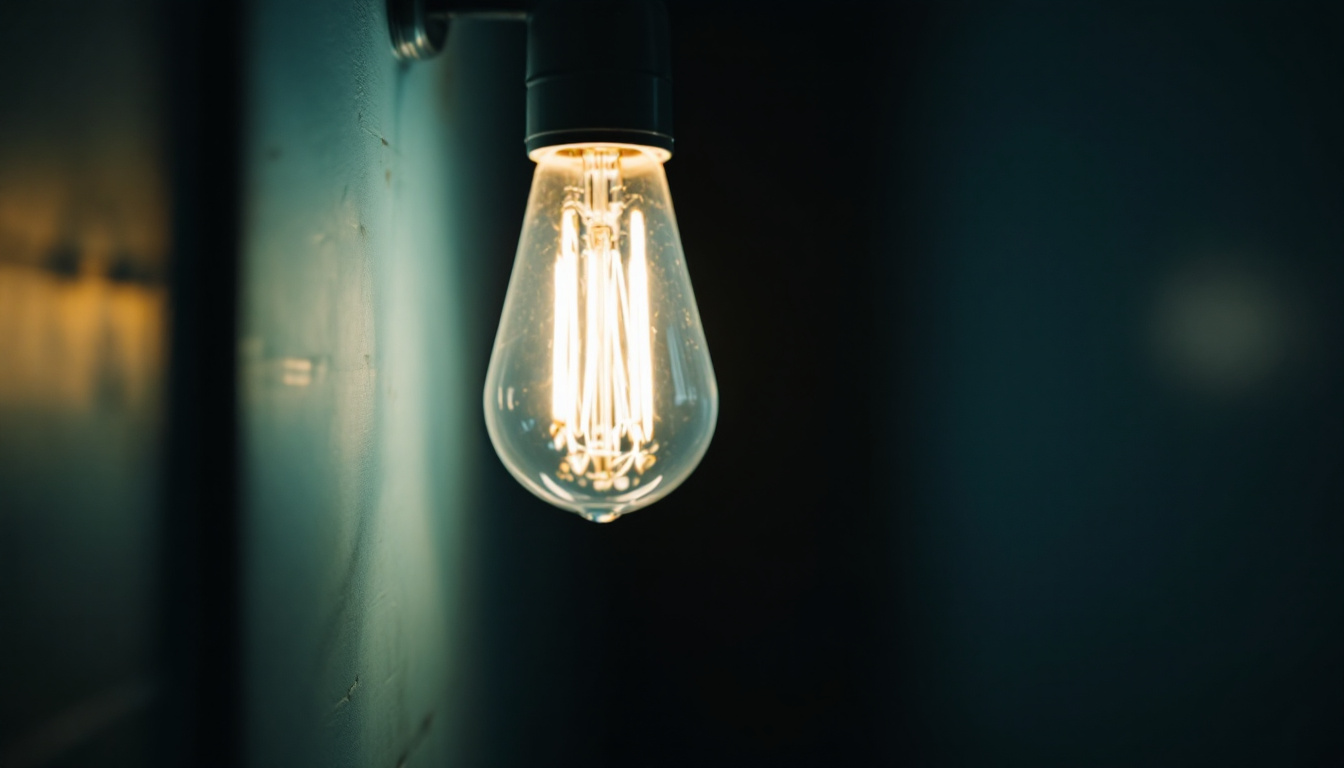 A photograph of a close-up of a fluorescent light bulb glowing in a dimly lit environment