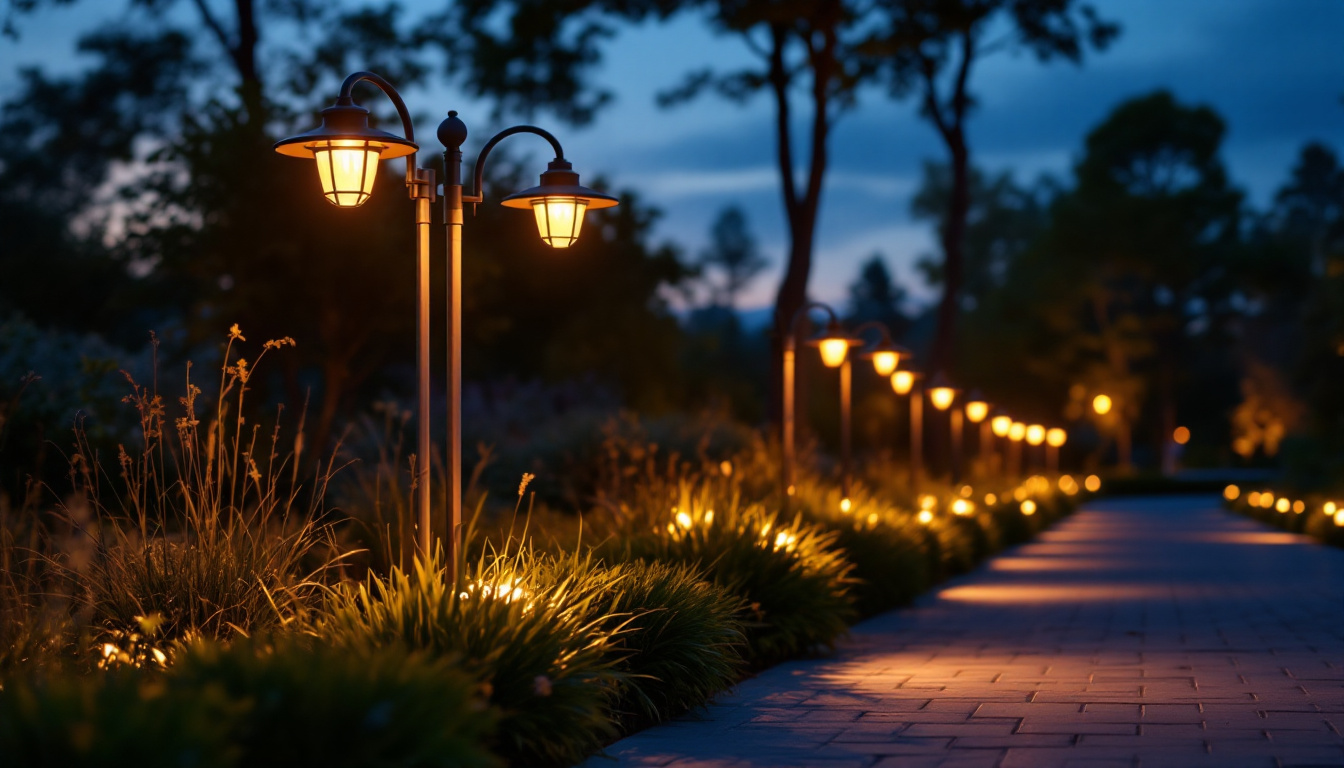 A photograph of a beautifully illuminated driveway showcasing a row of stylish post lights in the evening