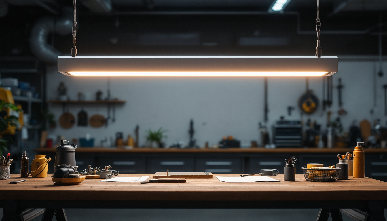 A photograph of a sleek and modern 4 ft shop light in an industrial setting