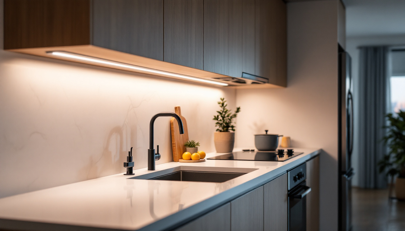 A photograph of a modern kitchen showcasing sleek under cabinet led lighting illuminating countertops