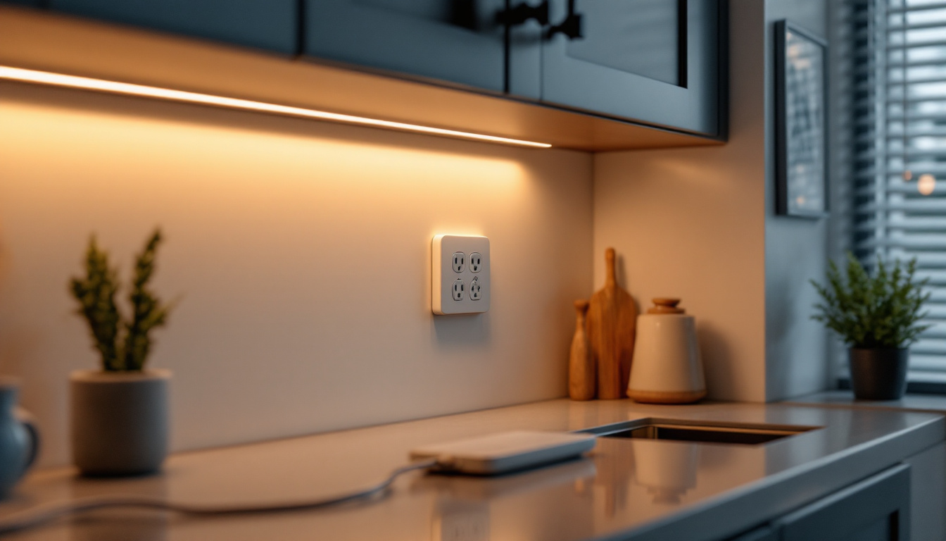 A photograph of a beautifully styled kitchen featuring an under-cabinet lighting setup and a sleek power strip