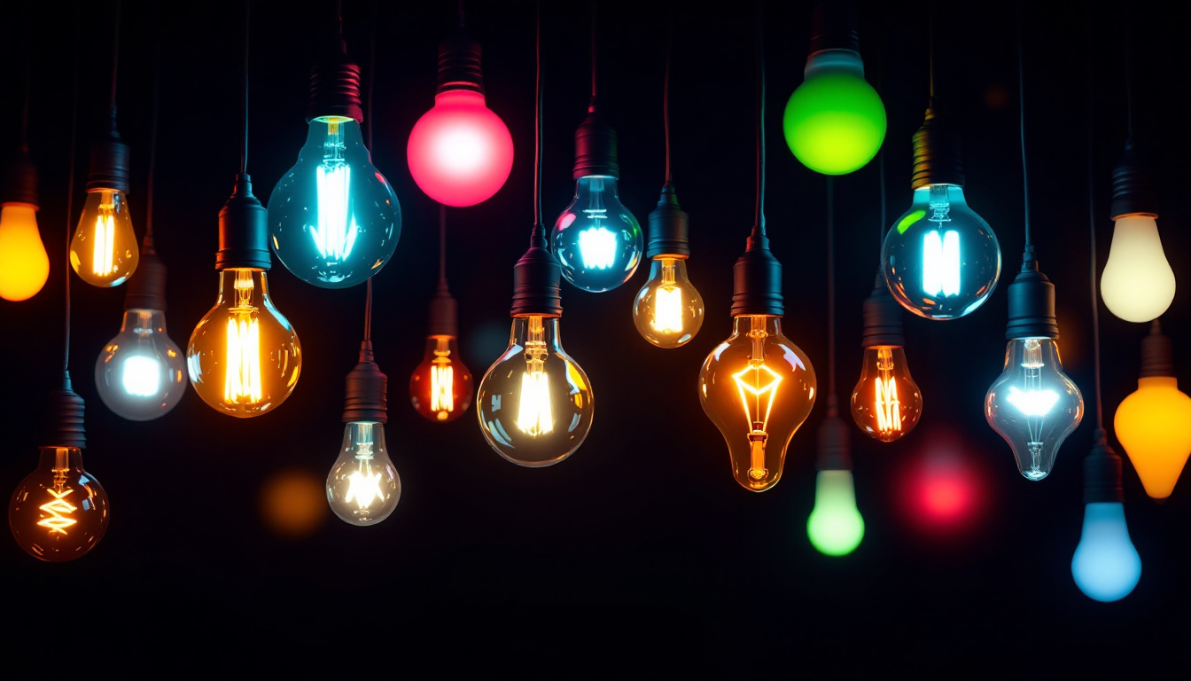 A photograph of a vibrant array of light bulbs in various shapes and sizes