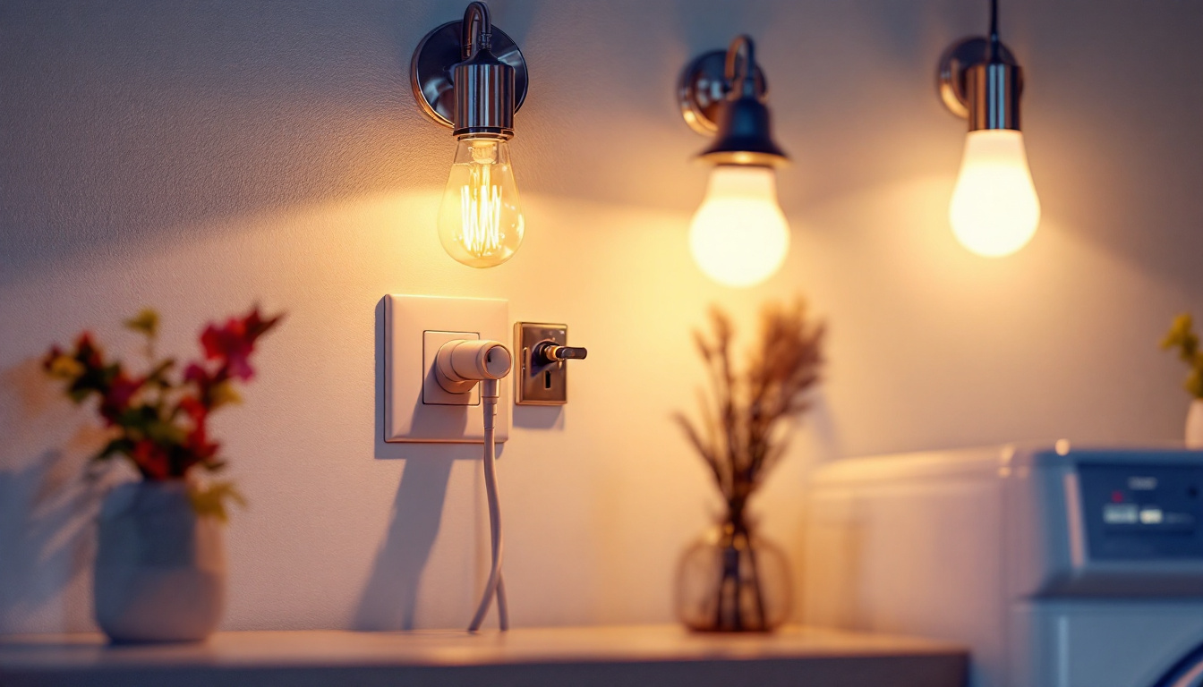 A photograph of a modern laundry room featuring a close-up of a dryer outlet with a creative lighting setup that highlights the potential for innovative lighting solutions