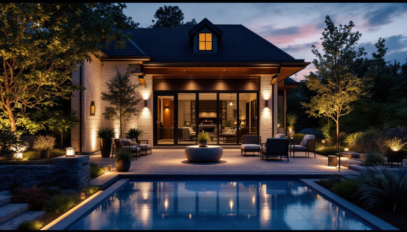 A photograph of a beautifully lit outdoor space showcasing various styles of outdoor home lighting