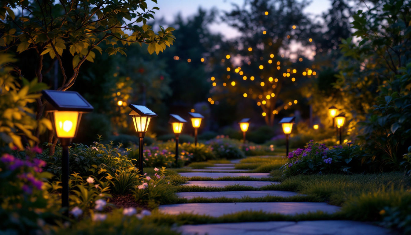 A photograph of a vibrant outdoor scene showcasing solar-powered lights illuminating a garden or pathway at dusk