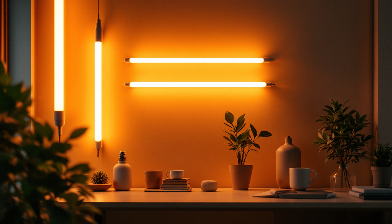 A photograph of a modern workspace or home interior featuring various sizes of energy-efficient fluro tubes illuminating the space