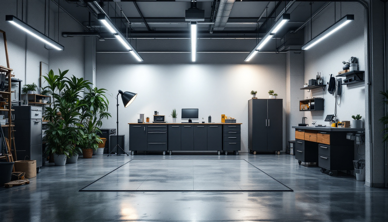 A photograph of a modern workspace or garage illuminated by sleek