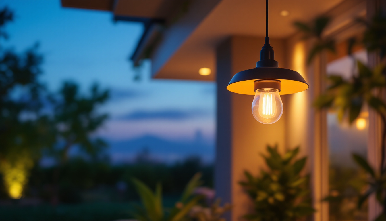A photograph of a stylish exterior hanging pendant light illuminated at dusk