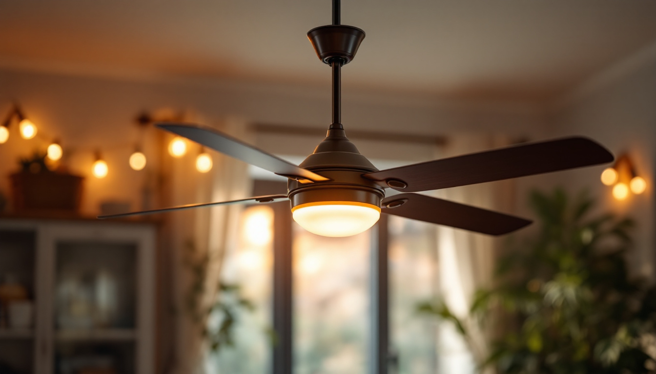 A photograph of capture a photograph of a beautifully designed hunter fan in a well-lit room