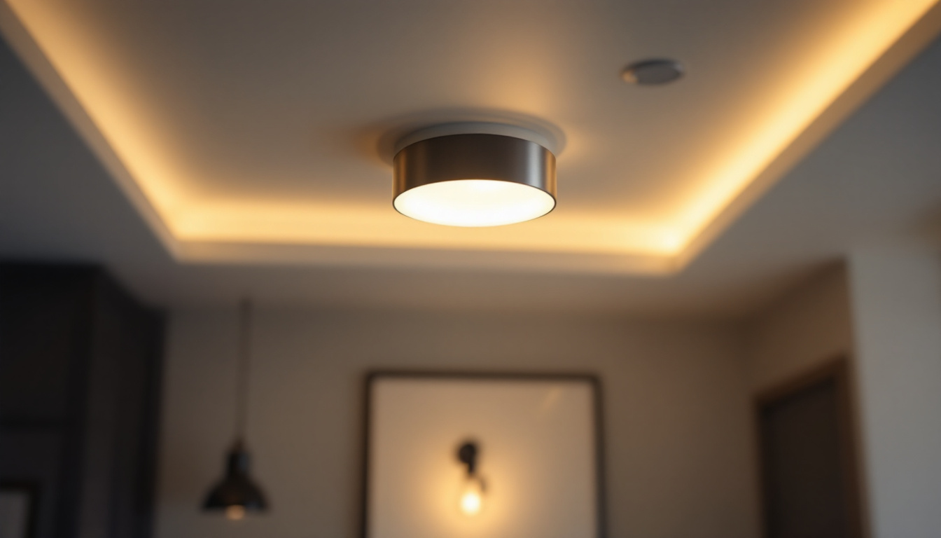 A photograph of a stylish small flush mount light fixture installed in a modern interior setting