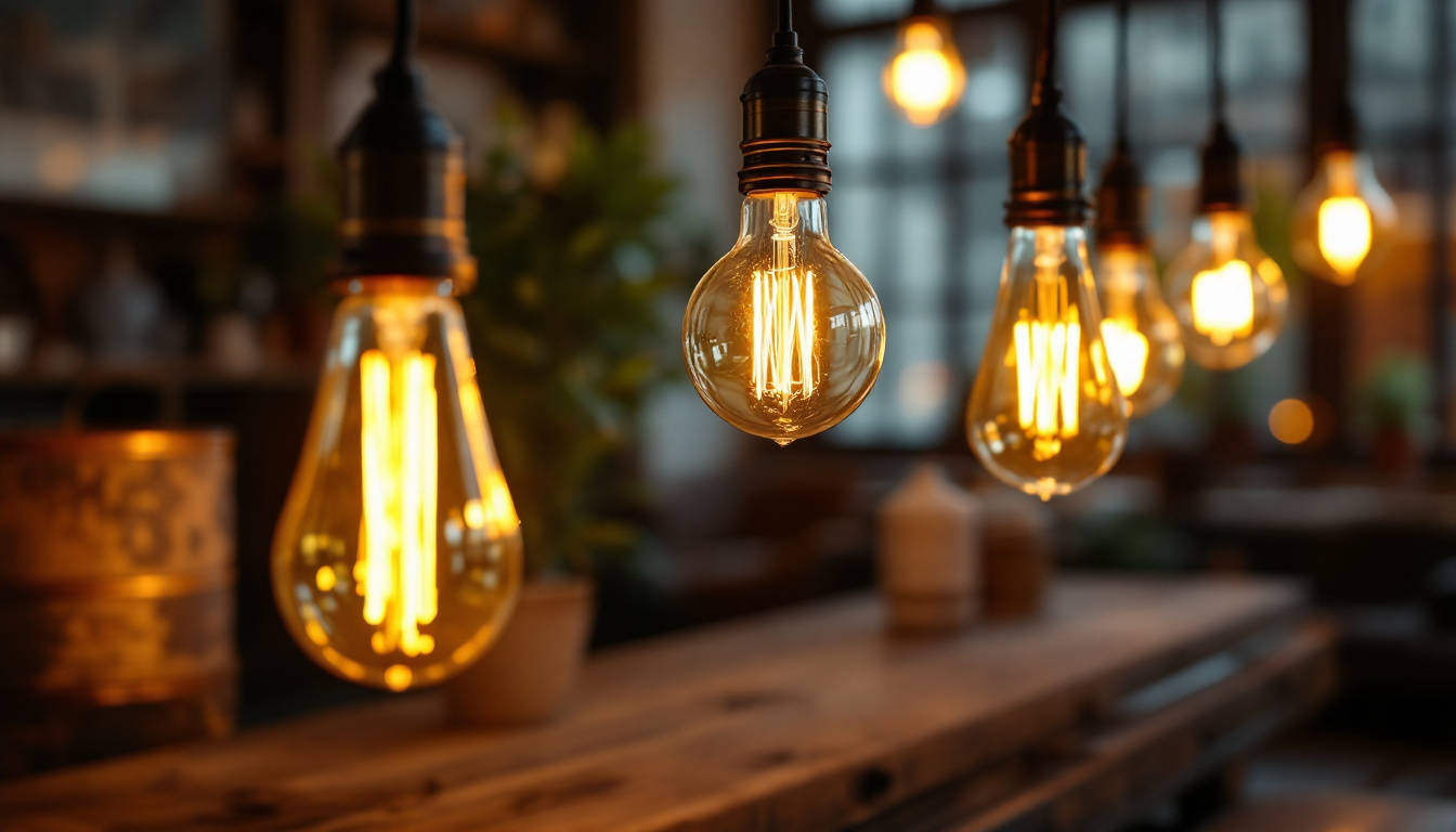 A photograph of a beautifully styled vintage interior featuring antique led bulbs as the focal point