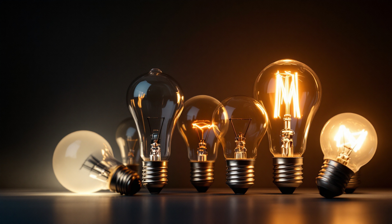 A photograph of a close-up shot of various light bulb bases arranged artistically against a contrasting background