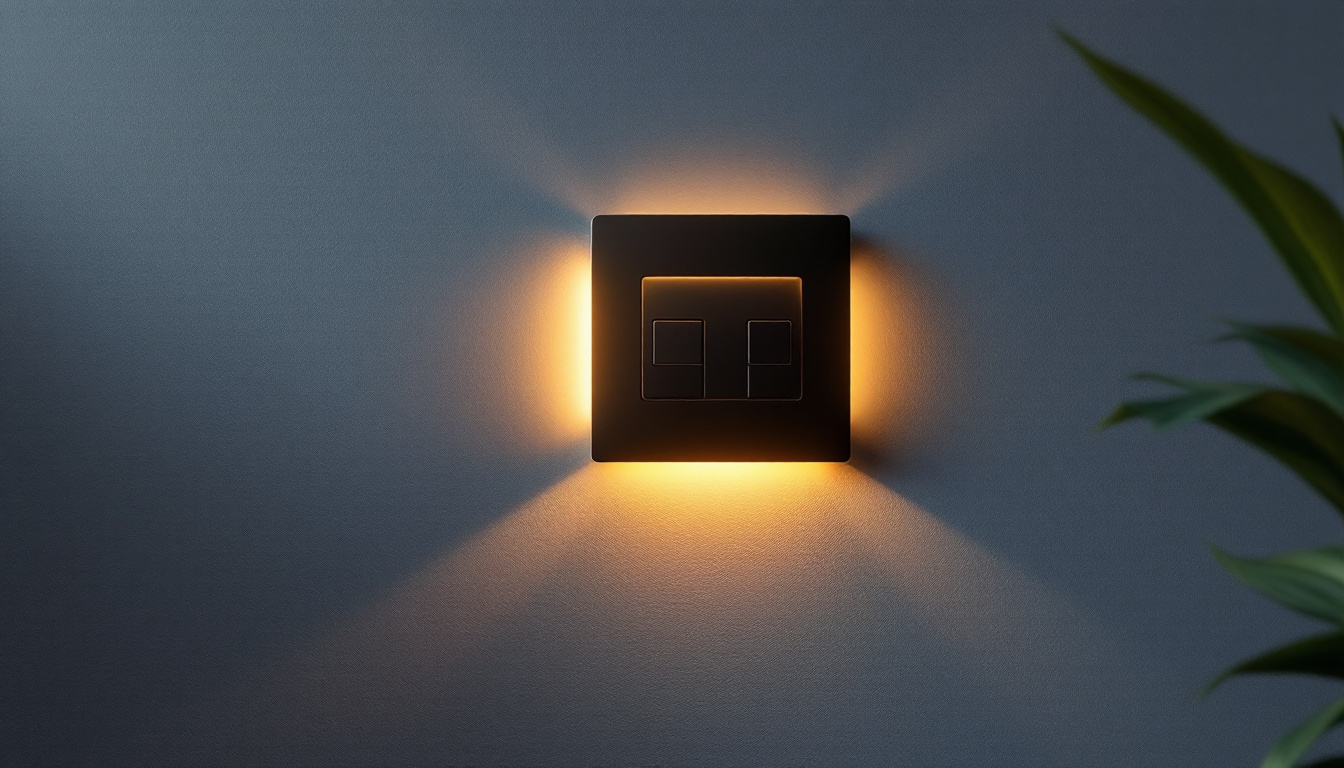 A photograph of a sleek and modern electrical junction box cover plate elegantly illuminated in a stylish interior setting